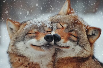 Obraz premium Two wolves sharing a close moment in a snowy forest during winter