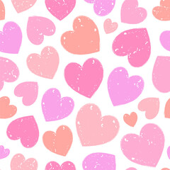 Seamless pattern of colorful, textured hearts in various shades of pink and red on a white background.