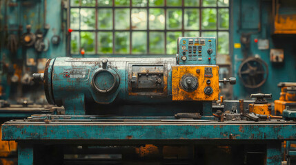 Fototapeta premium A vintage lathe machine in an industrial factory setting, showing wear from long-term use in metalwork and fabrication