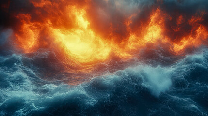 Waves crashing against each other, engulfed in fire and smoke, creating a surreal contrast of elements. Dramatic and intense