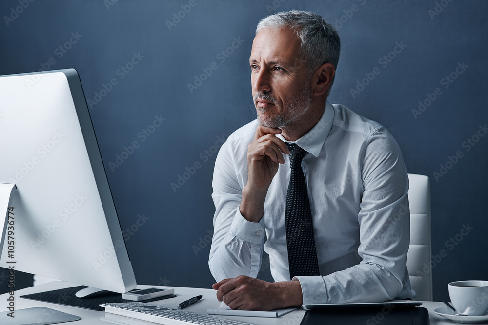 Poster computer, research and thinking with business man at desk in office for administration or management