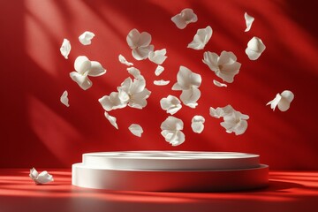 Floating red rose petals scattered above a white plate on a vibrant red background
