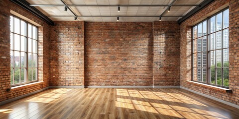 Urban Serenity Spacious Industrial Loft Room with Sunlit Wooden Floor, Exposed Brick Walls, and Cityscape View, Contemporary Industrial Charm and Warmth