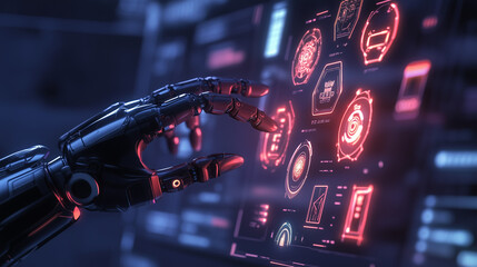 A close-up of a robotic hand interacting with a futuristic digital interface. Neon red and blue graphics highlight data elements on the screen, and advanced technology in a high-tech environment.

