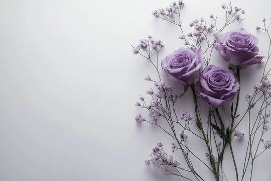 Lavish arrangement of purple roses and delicate flowers against a light background
