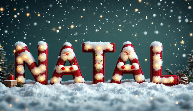 A palavra "NATAL" &eacute; decorada com luzes e bonecos de Papai Noel, cercada por neve e flocos, criando uma atmosfera festiva e alegre.

