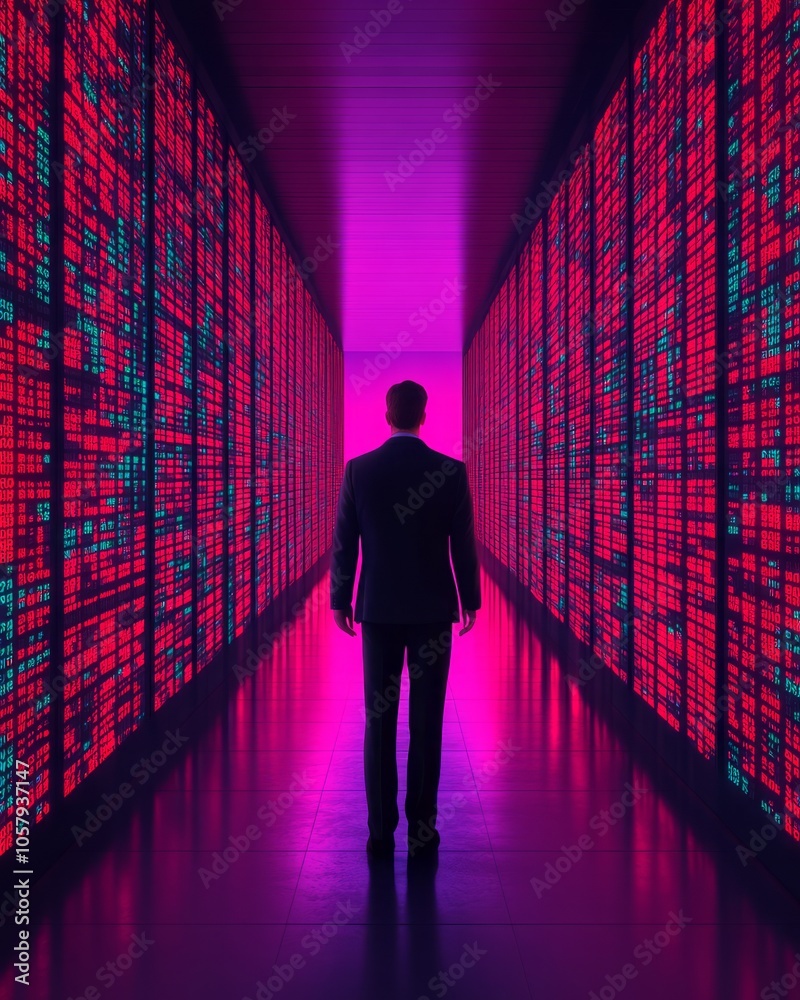 Wall mural a silhouetted figure stands before vibrant data displays in a futuristic corridor.