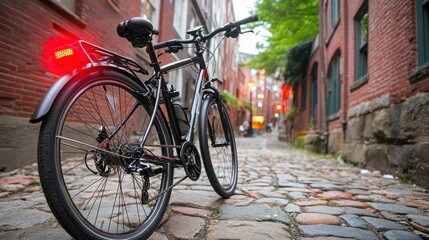 A sleek bike with a glowing red taillight rests on cobblestone streets, amidst old brick buildings, suggesting a blend of past and future.