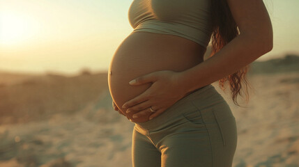 pregnant woman's stomach cradled lovingly by her hands, symbolizing nurturing, motherhood, and the profound connection between mother and child