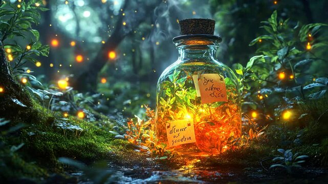 A glowing potion bottle amidst lush greenery, suggesting magic and nature's beauty.