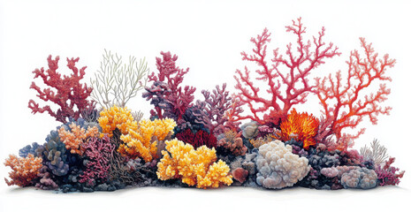 A tropical coral reef on rocks isolated on a white background
