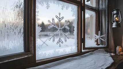 Rustic window with handmade snowflake ornament and snowy view