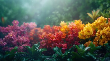   A field of vibrant flowers surrounded by towering trees, bathed in golden sunlight filtering through the foliage