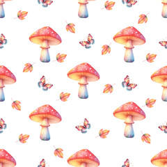 mushrooms seamless pattern on transparent background 