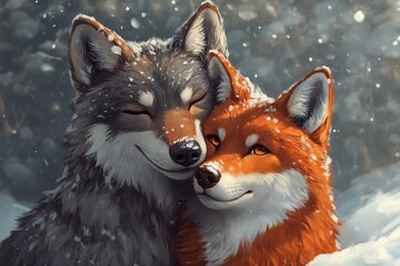 Obraz premium Two wolves sharing a close moment in a snowy forest during winter