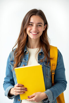 Menina jovem estudante sorridente com livro amarelo 