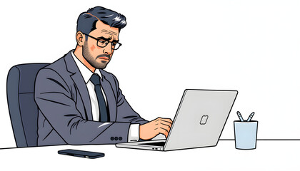 Sad business man using laptop sitting at desk isolated with white highlights, png