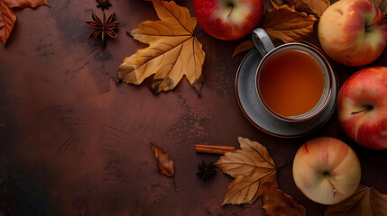 A beautiful composition of autumn leaves, apples, and a cup of tea on a rustic wooden table.