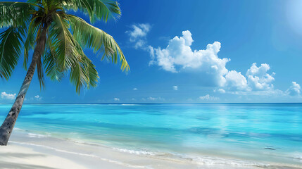 Fototapeta premium Amazing beach with white sand and palm trees. The water is crystal clear and blue. The sky is blue and cloudy. The sun is shining.