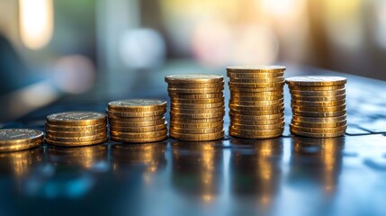 Stacks of golden coins in ascending order under warm light