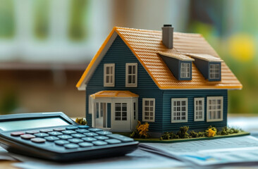 Calculating mortgage options with a model house and calculator on financial documents