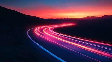 Naklejka premium vibrant futuristic scene featuring illuminated neon lights and dynamic light streaks, evoking a sense of technology, innovation, and the thrill of the unknown in a sci-fi landscap