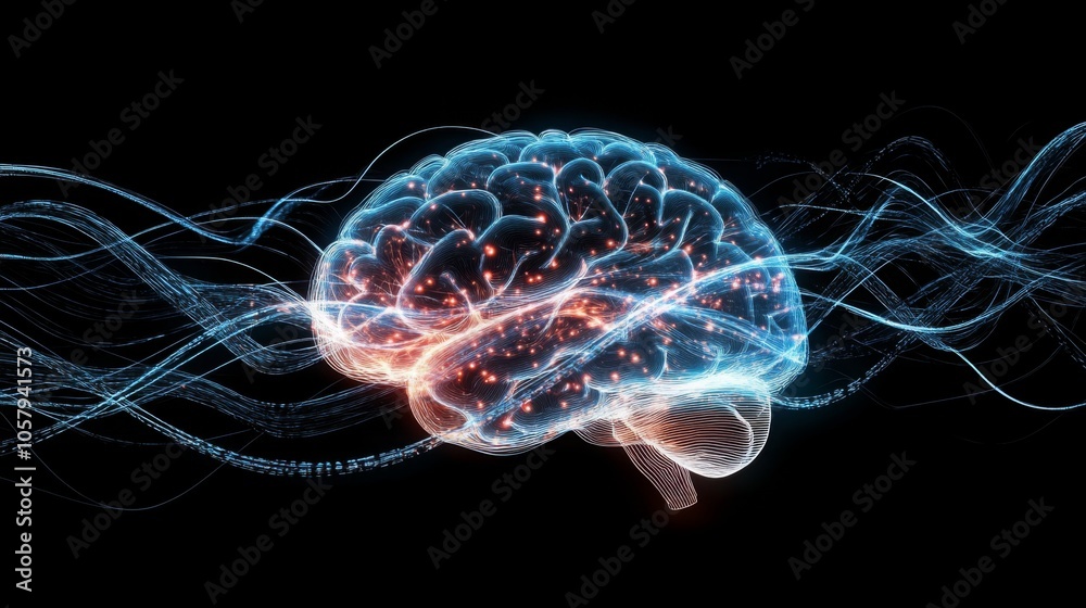 Poster The representation features a glowing brain with vibrant neural connections, surrounded by flowing waves of light against a dark backdrop, illustrating cognitive activity and thought processes.