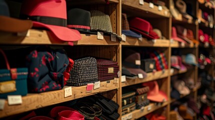 A shelf filled with boxes labeled with different shows containing accessories like hats belts and scarves.