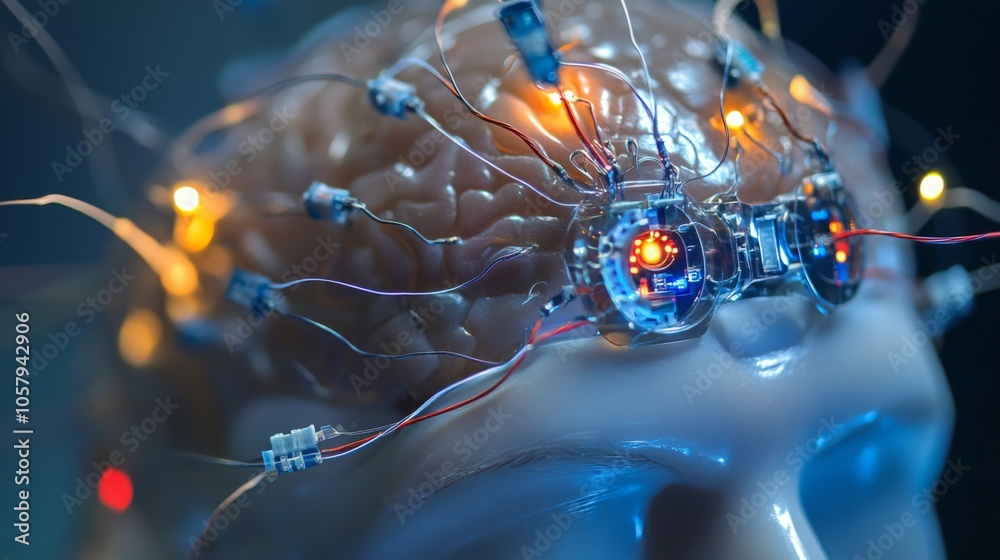 Poster A humanoid head with an exposed brain integrates circuitry and luminous components, showcasing advanced technology.