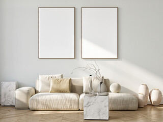 White minimalism interior with mock up poster, 3d illustration.