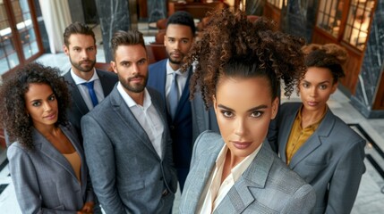 Diverse group of six confident professionals in formal suits standing together in modern office environment, showcasing teamwork and collaboration, business strategy meeting atmosphere.