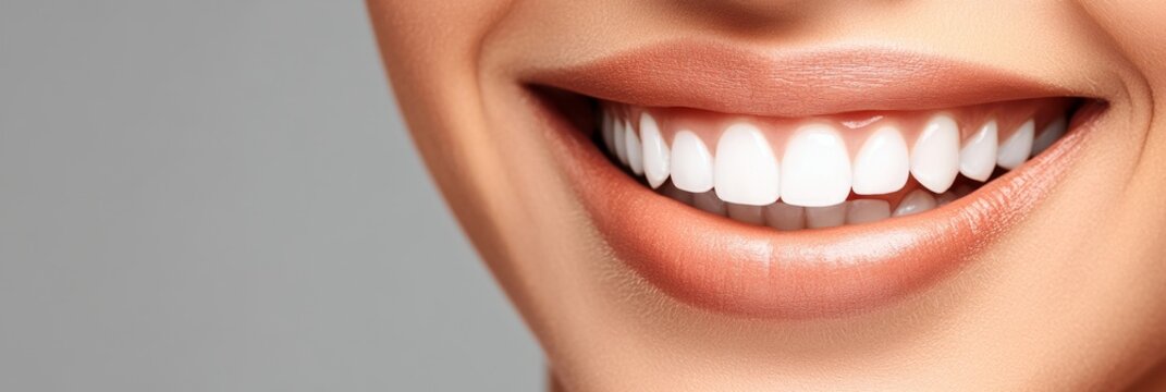 Close-Up Of A Perfect Smile With White Teeth. Dental Photo. Isolated On A Grey Background.