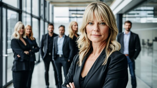 Confident businesswoman stands in foreground, arms crossed, leading diverse team of professionals in modern office setting, showcasing strong leadership and collaboration among colleagues.