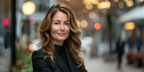 Fototapeta premium Confident businesswoman with flowing brown hair poses outdoors, smiling softly, surrounded by urban setting, demonstrating professional success and empowerment, copy space.