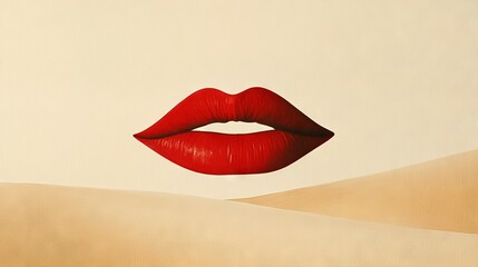 Obraz premium A woman's red lips on a beige canvas with a sand dune in the foreground