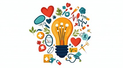   An image depicts a stethoscope and other medical supplies surrounding a lit bulb