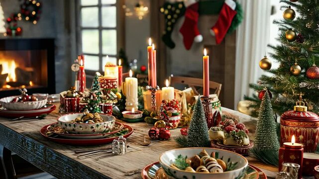 Festive christmas table setting with candles, ornaments, and decorated tree for merry christmas and happy new year celebration