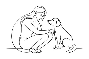 Simple Line Art of Woman Kneeling with a Loving Dog Hug