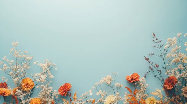 A flat lay of dried flowers against a light blue background. The flowers are a mix of white and orange, with some dried leaves.