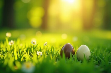 Fototapeta premium Two easter chocolate eggs on a field of grass and flowers, sunlight on background, space for text or logo