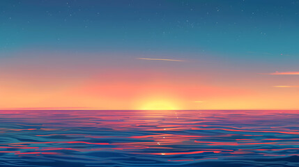 Fototapeta premium a tranquil seascape at dusk, where a calm ocean meets a gradient sky transitioning from deep blue to warm orange and yellow hues near the horizon