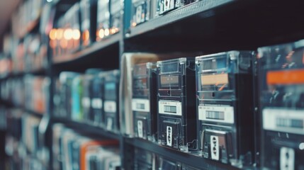 Obraz premium A shelf lined with audio cassettes each individually labeled with the artist and album name.