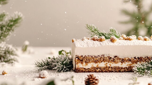 Yule log cake with praline and ganache layers isolated on a soft cream background, with greenery and snowy accents