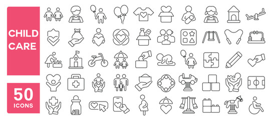 Set of 50 line icons related to child care, children, kid, rights, charity, parent, baby, protect, Editable stroke. Vector illustration