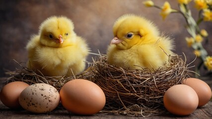 Easter scene with sweet chicks and eggs