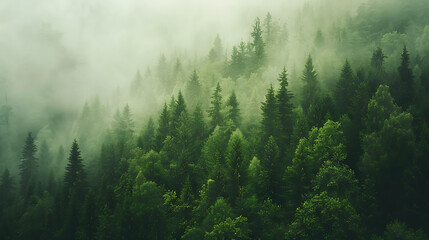 a stunning aerial view of a lush green forest enveloped in mist. The dense canopy of trees displays vibrant shades of green, while the fog softly blankets the scene
