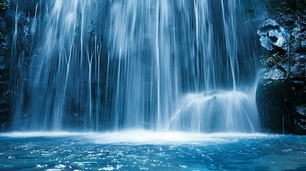 This image is of a waterfall. The water is blue and looks very refreshing. The waterfall is in a forest and the trees are green.