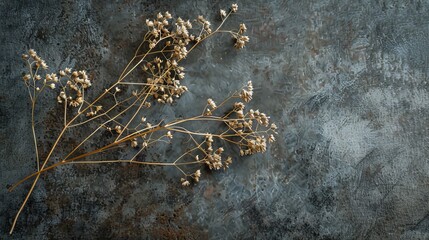 A dried plant branch is arranged in a flat lay style, captured from a top-down perspective. 