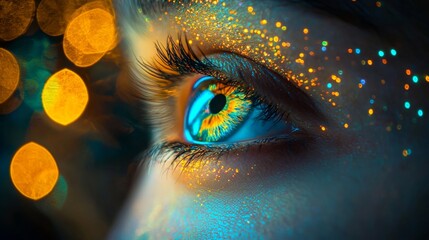 Close-up of a blue and gold eye with glowing effects