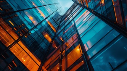 Modern architecture with glass reflections and warm lighting